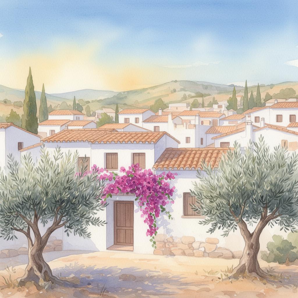 Peaceful Spanish village with white houses and olive trees